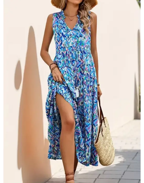 Kadın Askılı Yakası Fırfırlı Bağcıklı Desenli Uzun Süprem Elbise