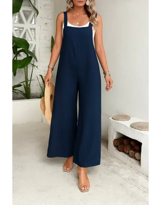 Kadın Askılı Yandan Fermuarlı Geniş Paçalı Valencia Tulum