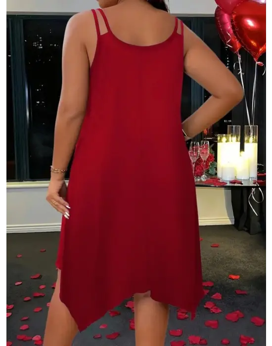 Kadın Askılı Yuvarlak Asimetrik Kesim Detaylı Viskon Elbise