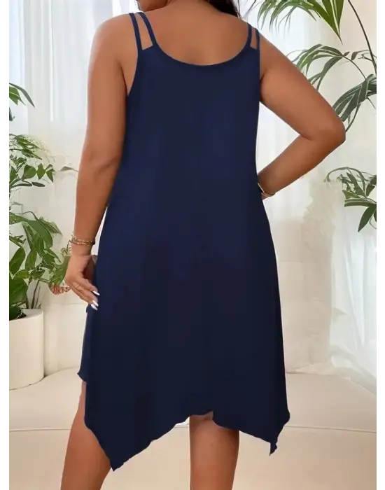 Kadın Askılı Yuvarlak Asimetrik Kesim Detaylı Viskon Elbise