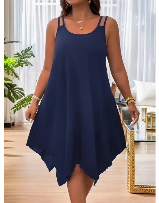 Kadın Askılı Yuvarlak Asimetrik Kesim Detaylı Viskon Elbise