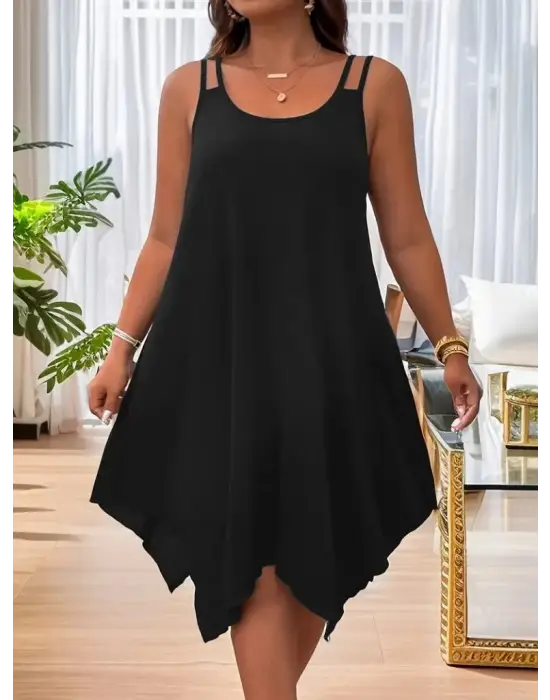 Kadın Askılı Yuvarlak Asimetrik Kesim Detaylı Viskon Elbise