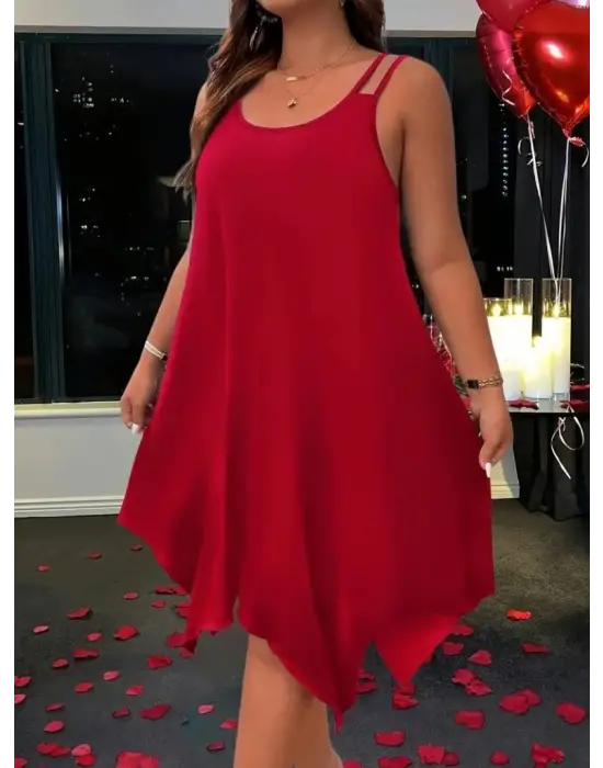 Kadın Askılı Yuvarlak Asimetrik Kesim Detaylı Viskon Elbise