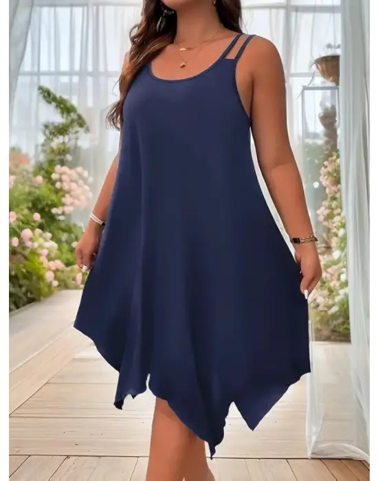 Kadın Askılı Yuvarlak Asimetrik Kesim Detaylı Viskon Elbise