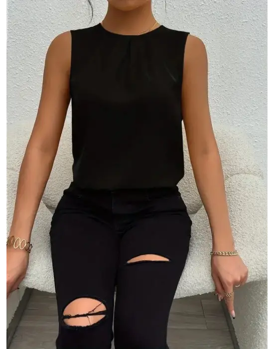 Kadın Askılı Yuvarlak Büzgü Yaka Sandy Bluz