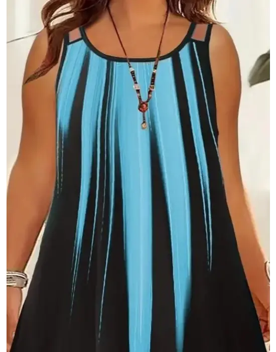 Omarı Yuvarlak Yaka Asimetrik Desenli Elbise