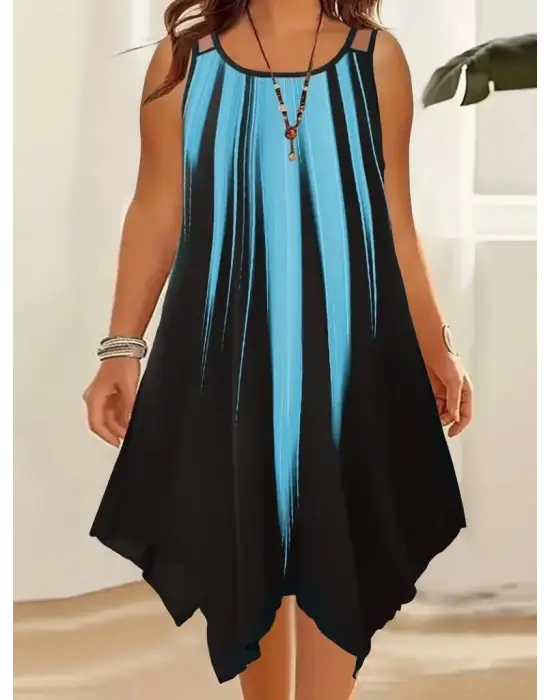 Omarı Yuvarlak Yaka Asimetrik Desenli Elbise