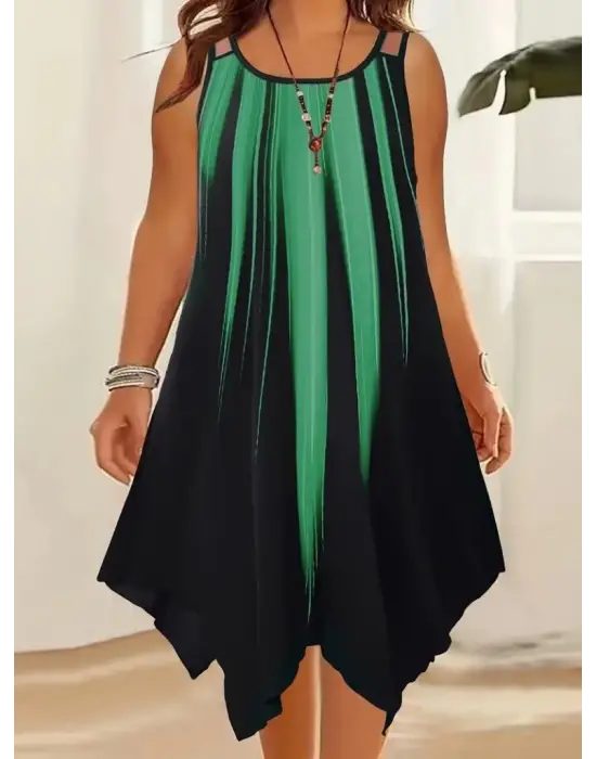 Kadın Askılı Yuvarlak Yaka Asimetrik Detaylı Desenli Süprem Elbise