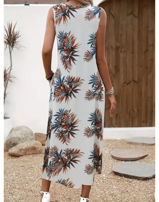 Kadın Askılı Yuvarlak Yaka Cepli Desenli Süprem Elbise