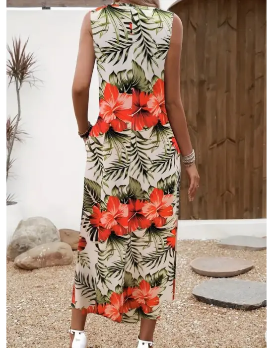 Omarı Çiçek Desenli Kadın Askılı Elbise