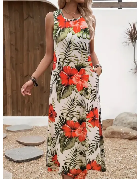 Omarı Çiçek Desenli Kadın Askılı Elbise