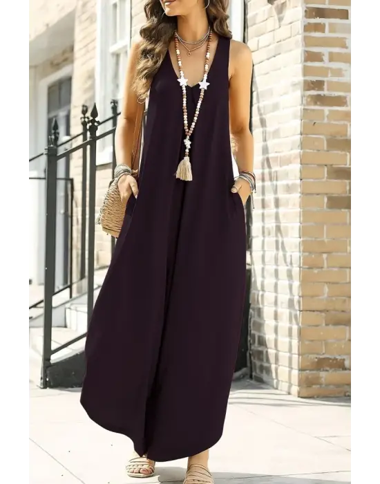 Omarı Şık Kadın Yuvarlak Yaka Cepli Viskon Tulum