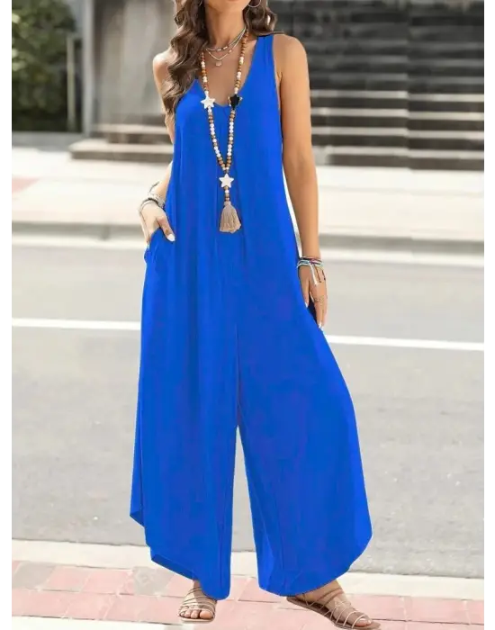 Kadın Askılı Yuvarlak Yaka Cepli Salaş Uzun Viskon Tulum