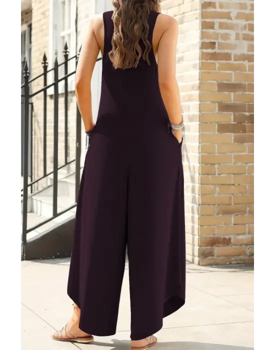 Omarı Şık Kadın Yuvarlak Yaka Cepli Viskon Tulum