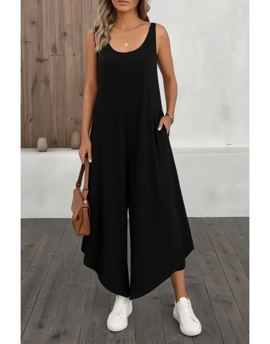 Kadın Askılı Yuvarlak Yaka Cepli Salaş Uzun Viskon Tulum