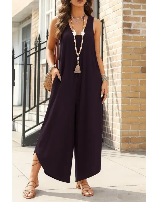 Omarı Şık Kadın Yuvarlak Yaka Cepli Viskon Tulum