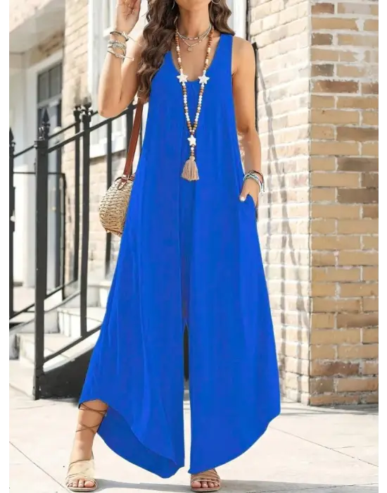 Kadın Askılı Yuvarlak Yaka Cepli Salaş Uzun Viskon Tulum