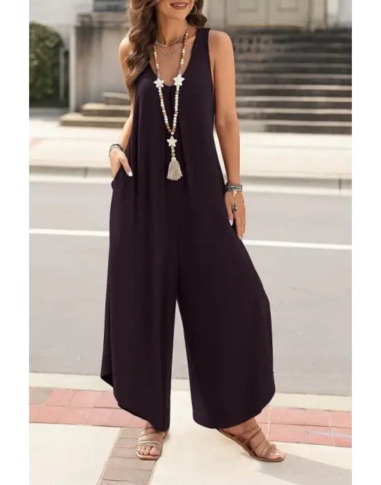 Omarı Şık Kadın Yuvarlak Yaka Cepli Viskon Tulum