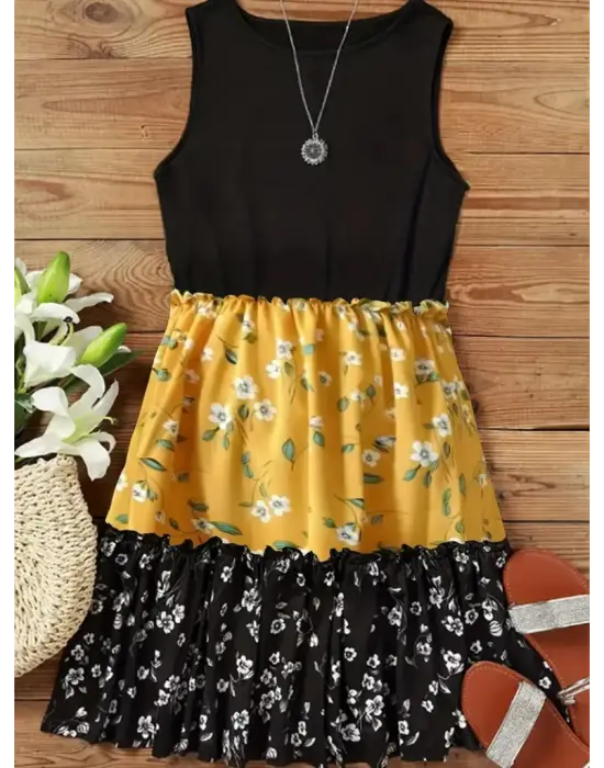 Kadın Askılı Yuvarlak Yaka çiçek Baskılı Salaş Süprem Elbise