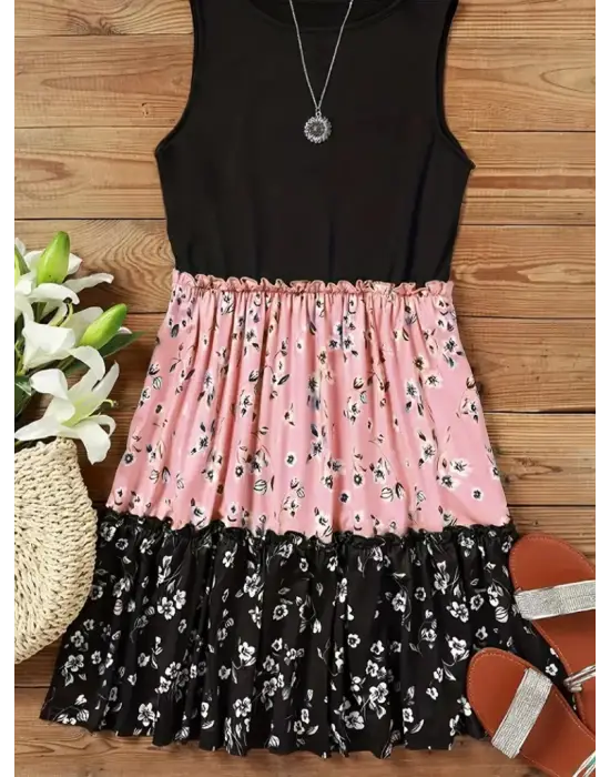 Omarı Çiçek Desenli Salaş Askılı Elbise