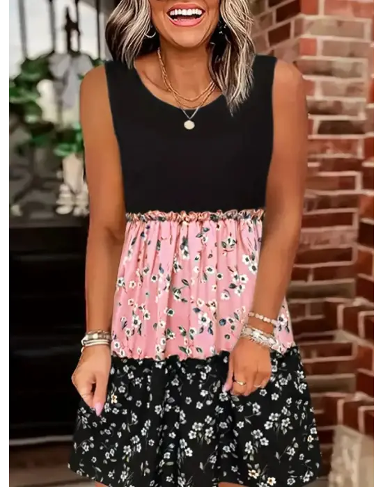 Omarı Çiçek Desenli Salaş Askılı Elbise