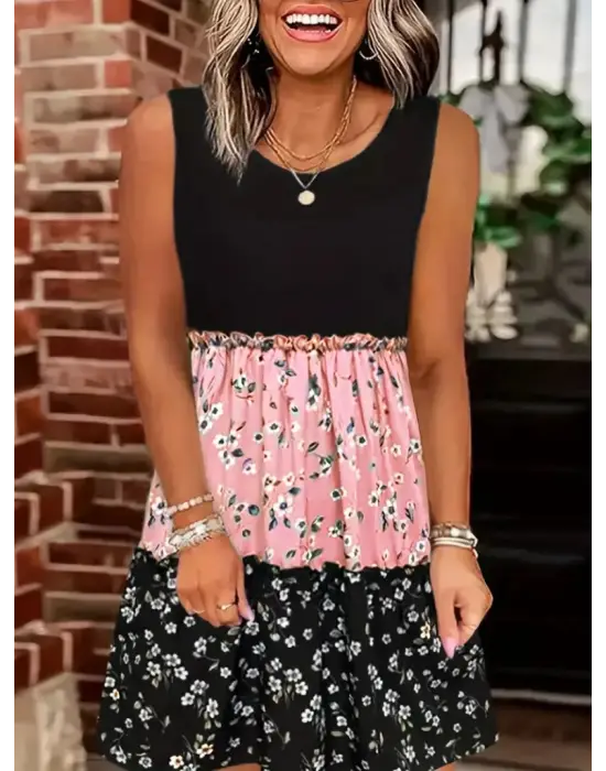 Kadın Askılı Yuvarlak Yaka çiçek Baskılı Salaş Süprem Elbise