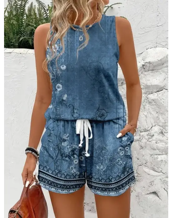 Kadın Askılı Yuvarlak Yaka çiçek Baskılı Süprme Bluz Ve Short Ikili Takım