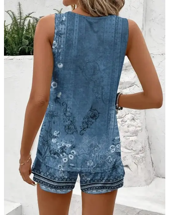 Kadın Askılı Yuvarlak Yaka çiçek Baskılı Süprme Bluz Ve Short Ikili Takım