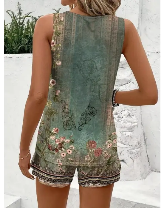 Kadın Askılı Yuvarlak Yaka çiçek Baskılı Süprme Bluz Ve Short Ikili Takım