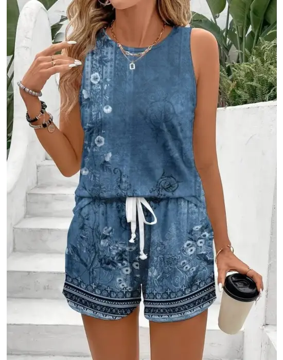 Kadın Askılı Yuvarlak Yaka çiçek Baskılı Süprme Bluz Ve Short Ikili Takım