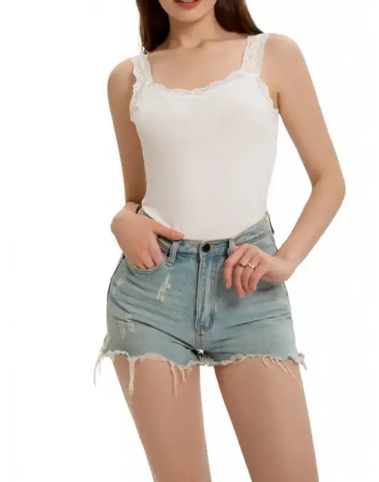 Omarı Yuvarlak Yaka Dantelli Kaşkorse Bluz