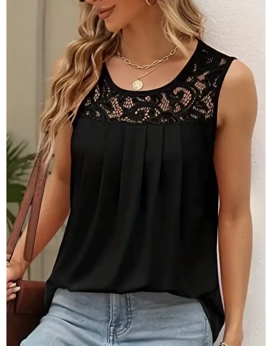 Omarı Yuvarlak Yaka Dantel Detaylı Kadın Askılı Viskon Bluz