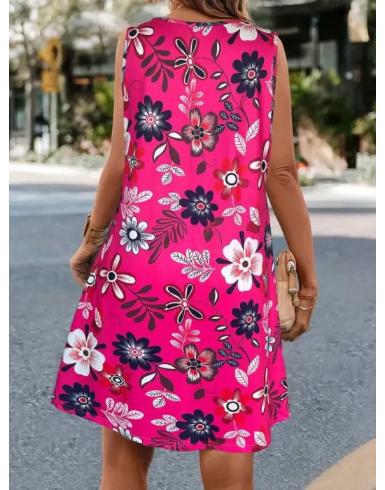 Kadın Askılı Yuvarlak Yaka Desenli A Kesim Süprem Elbise