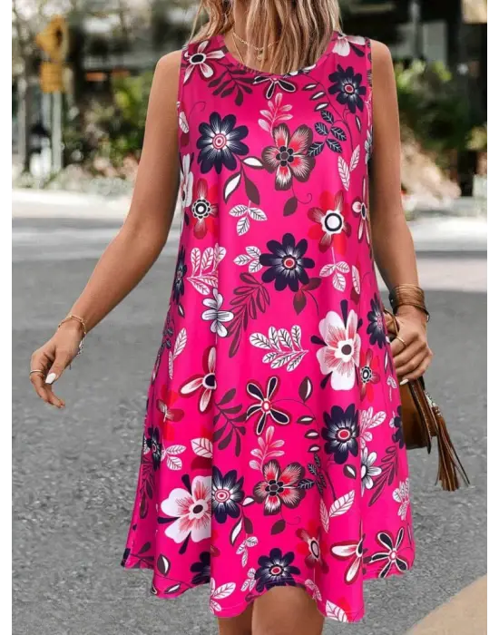 Kadın Askılı Yuvarlak Yaka Desenli A Kesim Süprem Elbise