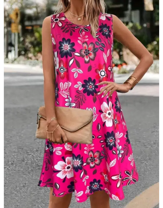 Kadın Askılı Yuvarlak Yaka Desenli A Kesim Süprem Elbise