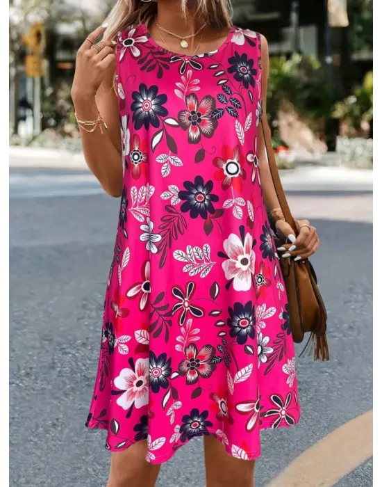 Kadın Askılı Yuvarlak Yaka Desenli A Kesim Süprem Elbise