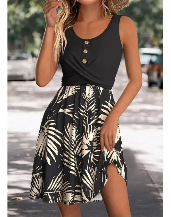 Omarı Yuvarlak Yaka Düğmeli Kadın Elbise