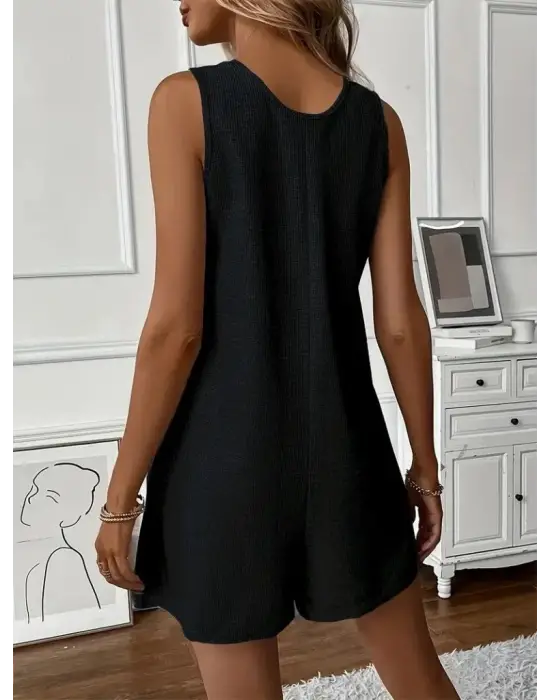 Kadın Askılı Yuvarlak Yaka Düğmeli Waffle Kısa Tulum