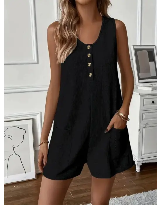 Kadın Askılı Yuvarlak Yaka Düğmeli Waffle Kısa Tulum