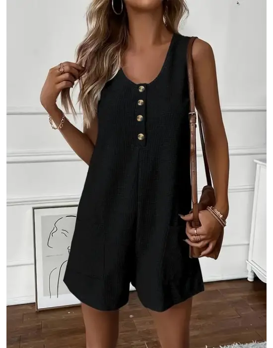 Omarı Yuvarlak Yaka Düğmeli Waffle Kadın Tulumu