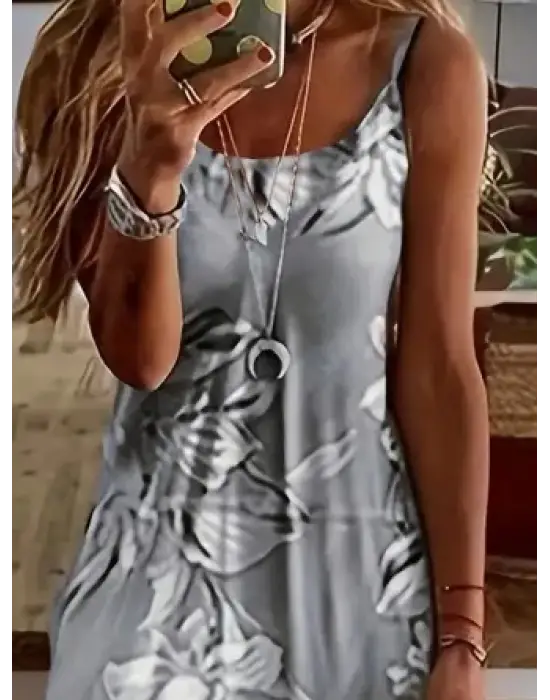 Omarı Desenli Kadın Askılı Geniş Kesim Elbise