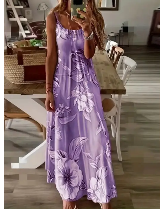 Kadın Askılı Yuvarlak Yaka Etek Geniş Kesim Desenli Süprem Elbise