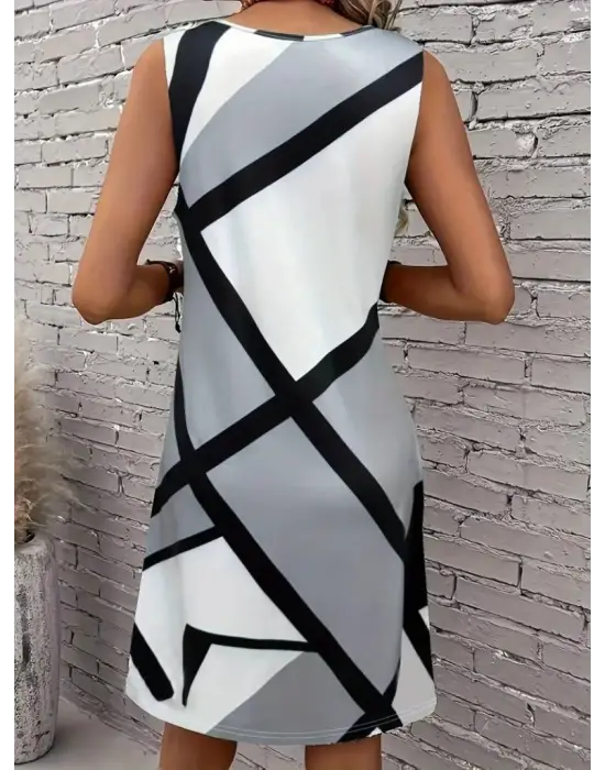 Kadın Askılı Yuvarlak Yaka Geometrik Desenli Kısa Süprem Elbise