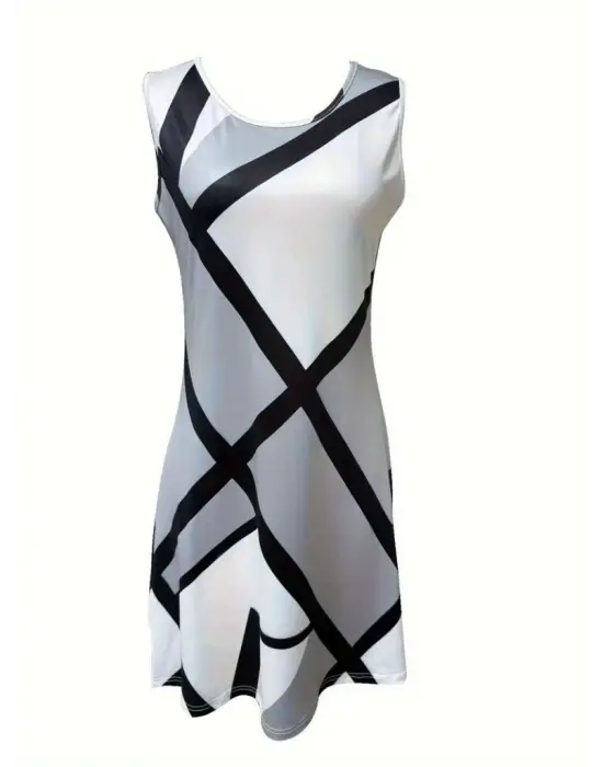 Kadın Askılı Yuvarlak Yaka Geometrik Desenli Kısa Süprem Elbise