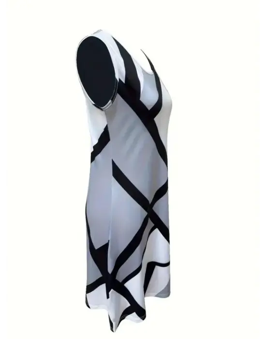 Kadın Askılı Yuvarlak Yaka Geometrik Desenli Kısa Süprem Elbise