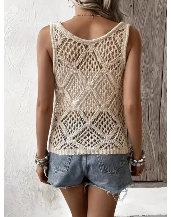 Kadın Askılı Yuvarlak Yaka Geometrik Desenli Triko Bluz