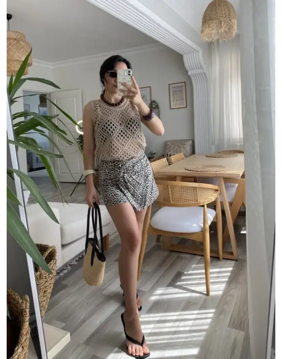 Kadın Askılı Yuvarlak Yaka Geometrik Desenli Triko Bluz