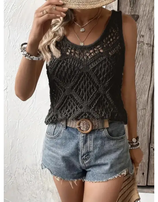 Kadın Askılı Yuvarlak Yaka Geometrik Desenli Triko Bluz