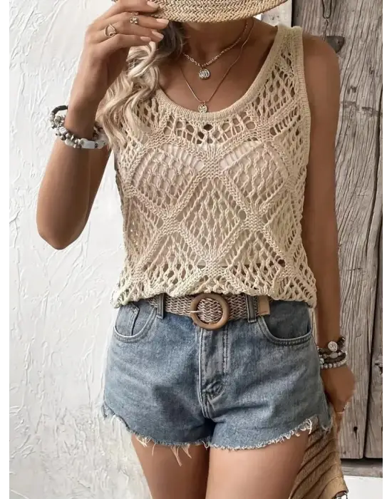 Kadın Askılı Yuvarlak Yaka Geometrik Desenli Triko Bluz