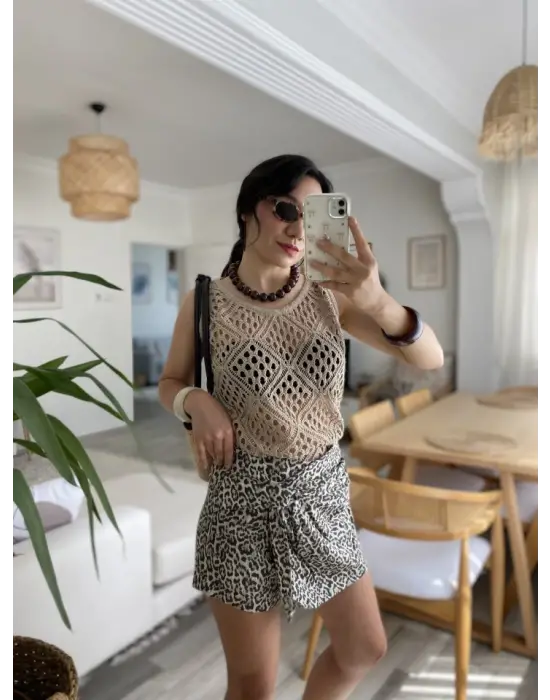 Kadın Askılı Yuvarlak Yaka Geometrik Desenli Triko Bluz